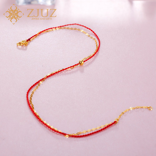 ZJUZ18k金脚链简约au750黄金脚链本命年红绳转运珠脚链送女友礼物 - 图0