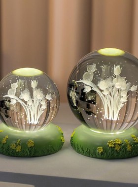 清新田园风树脂i工艺品小摆件新款3d水晶球内雕玻璃球小夜灯气氛