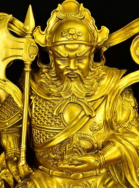 黄铜山神铜像坐像手拿斧头家居工艺E品摆件家具装饰件客厅中式家