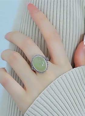 复古925银蛋面青玉镂空花纹戒指女F新中式民族风开口可调节指环
