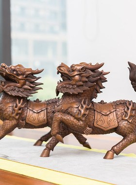 铜麒麟摆件一对 铜制办公室客厅 工艺品家居饰品房V间桌面摆设礼