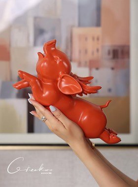 契阔家居鸿运当j头橙色飞天小猪树脂雕塑艺术家居摆件桌面装饰品