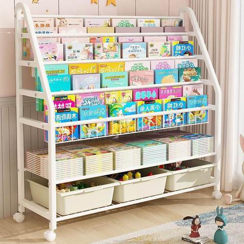 儿童书架可移动置物架绘本玩具收纳架宝宝落地多层家用整理收纳柜 - 图0