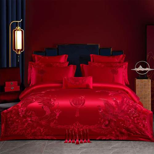 2025新款婚庆四件套重工艺刺绣棉被套婚房正红龙凤九件套床上用品 - 图1