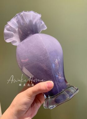 中古芬顿炫彩手工玻璃花瓶六角花边餐桌摆件水培插花家居摆件花器