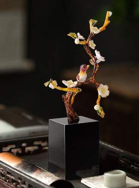 新中式珐琅c彩喜鹊登梅花摆件客厅酒柜办公桌家居装饰乔迁新居礼