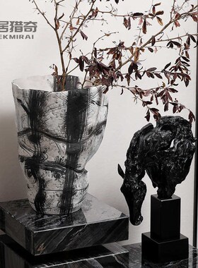 新中式黑白d陶瓷花瓶办公室客厅样板间软装饰品创意金属马雕塑摆