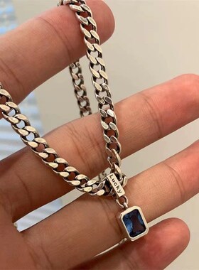 蓝宝石吊坠项炼男钛钢不掉色古巴炼条锁骨炼女简约百搭.颈炼配饰