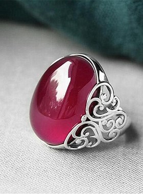 热卖镂空b花纹戒指 红玛瑙玉髓925复古简约镂空雕花洪刚玉戒指