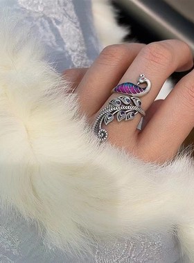 02664原创中国风高贵优雅多z彩孔雀戒指女个性镂空珐琅彩滴胶指环