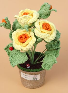 成品跨境手工钩织美好爱情蔷薇仿真花大号盆栽毛线编织假花摆件