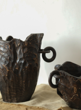 手工实木雕刻装饰艺术木桶艺术品拙朴M侘傺民宿人文摆件花桶