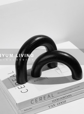 现代简约书房书柜黑色q木纹拱门摆件样板间客厅电视柜酒柜软装饰