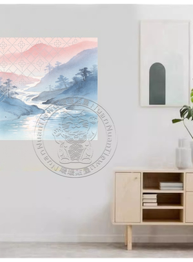 中式山水画复古墙贴客厅卧室