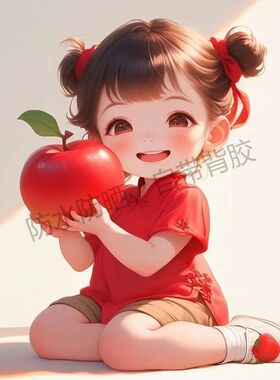 可爱女孩抱苹果海报卧室浴室贴纸