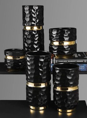 轻奢陶瓷花瓶黑白金腰现代简约客B厅电视柜卧室桌面软装饰花插摆