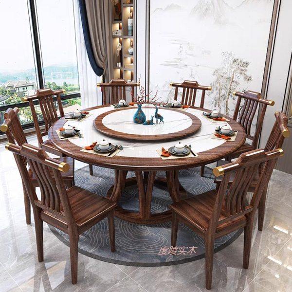 新中式乌金色实木岩板餐桌椅组合大理石圆桌酒店家用火锅桌带转盘,淘宝优惠券,粉丝福利购,淘宝优惠卷