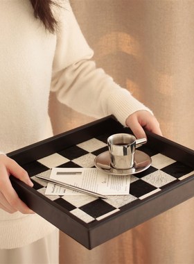 现代轻奢牛毛黑i白拼色格子艺术金属托盘摆件样板房客厅卧室装饰