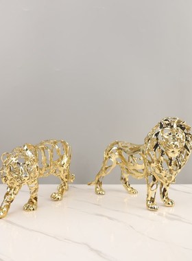欧式轻奢金色镂空狮子骏马大象动物雕H塑摆件客厅玄关软装家居饰