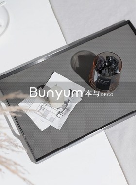 简约现代轻奢手提皮n质金属装饰收纳托盘样板间客厅茶几桌面摆件