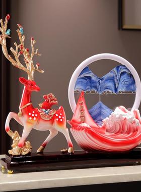 创意招财鹿风生水起沙漏流沙画摆件轻奢高档客厅酒柜电视柜装饰品