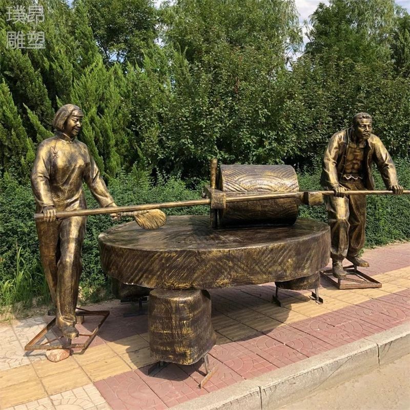 玻璃纤维民俗文化小毛驴r拉磨雕塑推碾子中式彷铜农耕人物乡村雕 - 图3