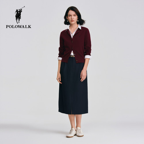 POLOWALK女士半裙2026秋季裤新款经典直筒编织腰带中长通勤半身裙 - 图3