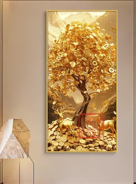 轻奢发财树玄关装饰画黄金万两