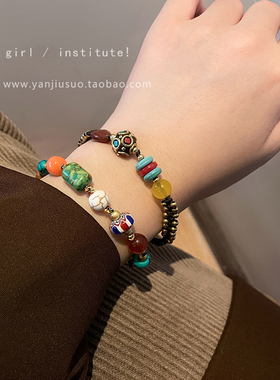 民族风藏式吉象手链女情侣闺蜜新中式复古天O然石编织手绳古着手