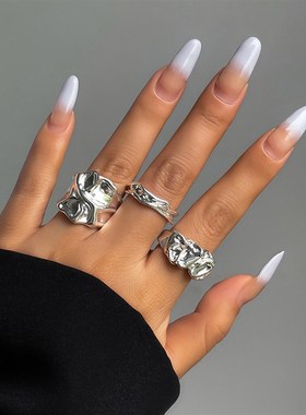 3件套开口金属褶皱戒指套装 欧美时尚潮小众嘻R哈个性网红指环组