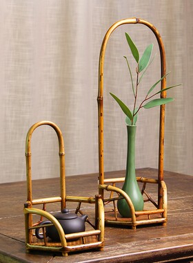 竹花架新中式禅意茶桌摆件客厅玄关装饰花L瓶提架博古架插花台花