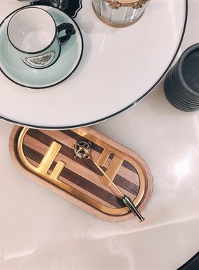 F同款轻奢高档拼木托q盘首饰收纳盒桌面摆件玄关装饰品送礼礼盒装