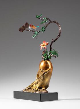 铜金岁月人生如意黄铜摆件人参花鸟铜器工艺品家居客厅玄关铜装饰