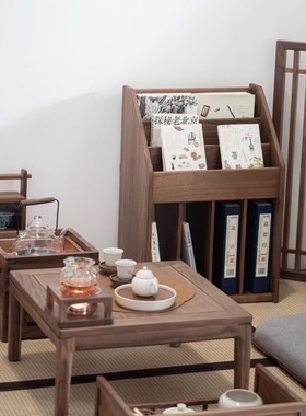 榻榻米新a中式禅宗窗书架书报架黑胡桃实木地板储物架储物