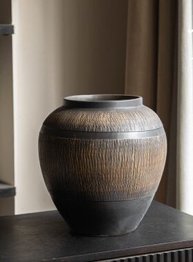 简约现代陶瓷花瓶插花装饰侘寂风客厅摆件黑色大口中式陶瓷插花瓶