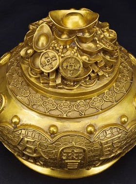 带盖子子聚宝盆摆件纯铜招r财存钱罐店铺开业礼物聚财客厅黄铜工