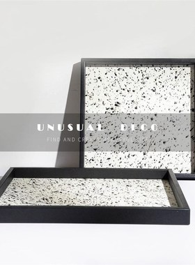 黑白棋盘格马毛方形皮革托盘玄关桌面H收拾收纳盘创意拼接家居摆