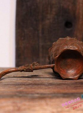 纯铜手工仿古实心紫铜茶宠小物件 手持莲花熏香炉手把件 茶道摆件