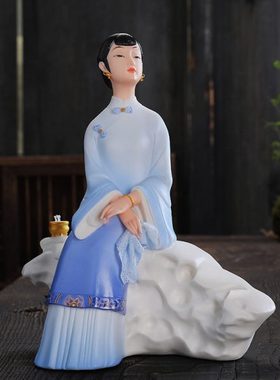 陶瓷人物古典美女家居工艺品 彩瓷仕女玄关瓷器摆件