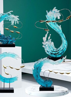 现代家居装d饰工艺品透明树脂抽象雕塑样板房玄关客厅创意海浪摆