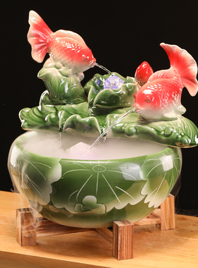 招财流水陶d瓷鱼缸家用流水喷泉小金鱼缸大号养鱼摆件客厅加湿造