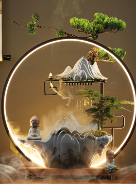 创意招财流水摆件客厅陶瓷u循环水喷泉办公室实木桌摆乔迁开业礼