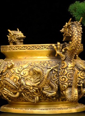 黄铜香炉家用供奉供佛九龙香炉室内G烧香焚香炉摆件戏珠龙聚宝盆