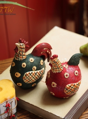 田园欧美乡村情侣鸡动p物桌面摆放吉祥寓意创意红色可爱花纹手工