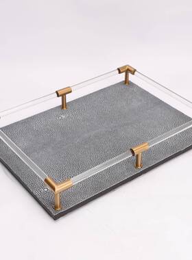 新中式亚克力手提皮革收纳托盘摆件茶几样板间书房客厅家居装饰品