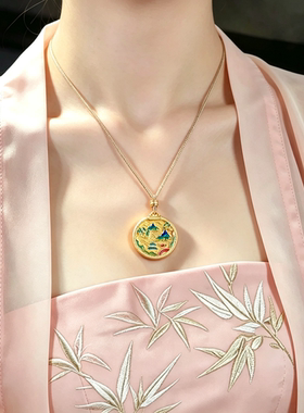 龙星惜上足银999古法冷珐琅山水阁楼圆牌吊坠项链女新中式礼物