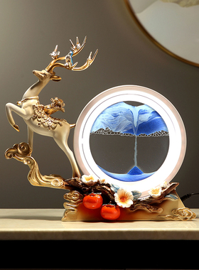 创意轻奢招财鹿夜灯沙漏流沙画摆件乔迁礼物玄P关酒柜电视柜装饰
