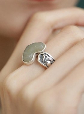 925银新中式复古做旧民族风和田玉如意戒指环开口W调节简约高级感