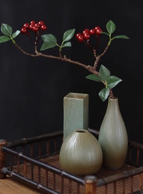 禅意花复古陶瓷小花器干花艺术新中式花插摆件桌面茶.艺家居装饰