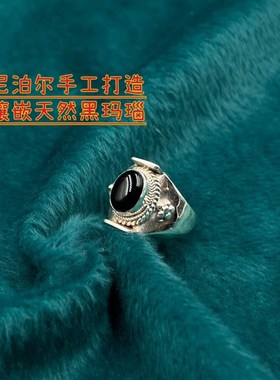 尼泊尔手工S925m银饰品黑玛瑙戒指女开口指环流行简约复古民族风